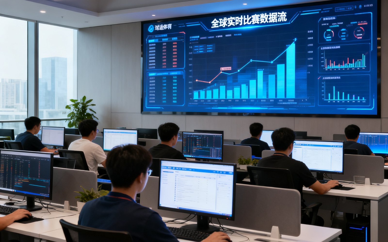 球速体育深圳总部办公室实景，数据大屏显示全球实时比赛数据流，技术团队在工位上专注工作
